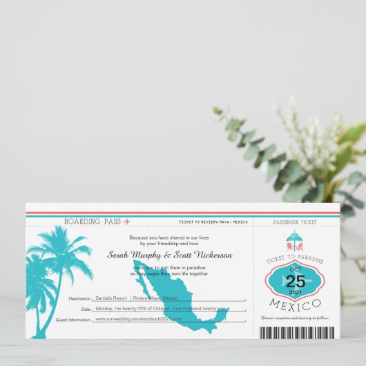 Palm Tree Mexico Boarding Pass Wedding Kaart (Staand voorkant)