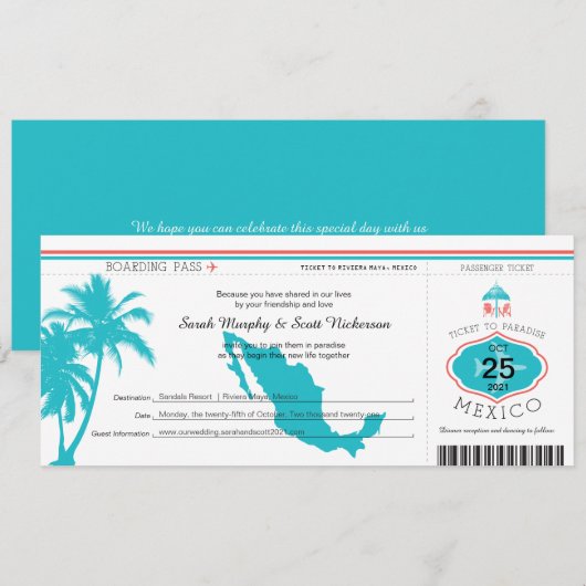 Palm Tree Mexico Boarding Pass Wedding Kaart (Voorkant / Achterkant)