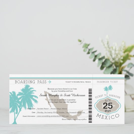 Palm Tree Mexico Boarding Pass Wedding Kaart (Staand voorkant)