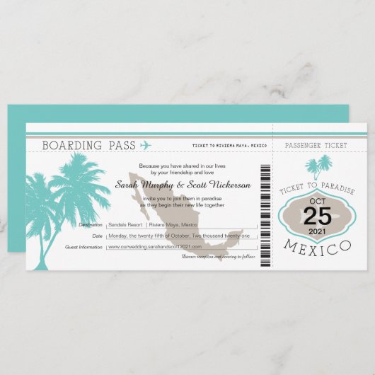 Palm Tree Mexico Boarding Pass Wedding Kaart (Voorkant / Achterkant)