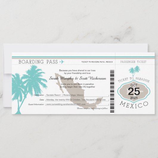 Palm Tree Mexico Boarding Pass Wedding Kaart (Voorkant)