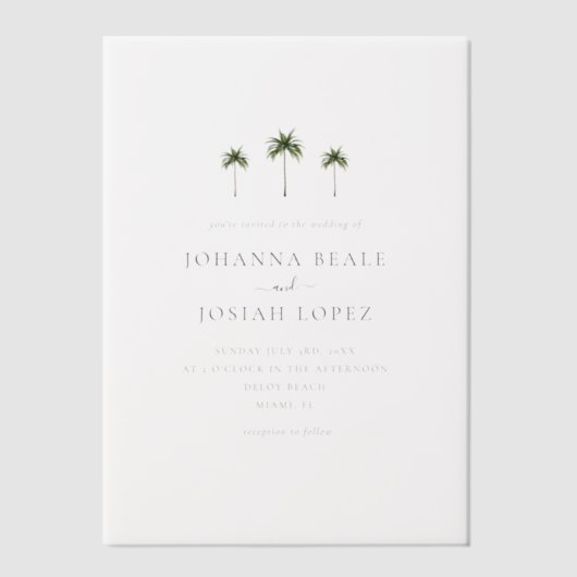 Palm Tree Minimal Elegant Huwelijk Vellum Uitnodigingen (Voorkant)