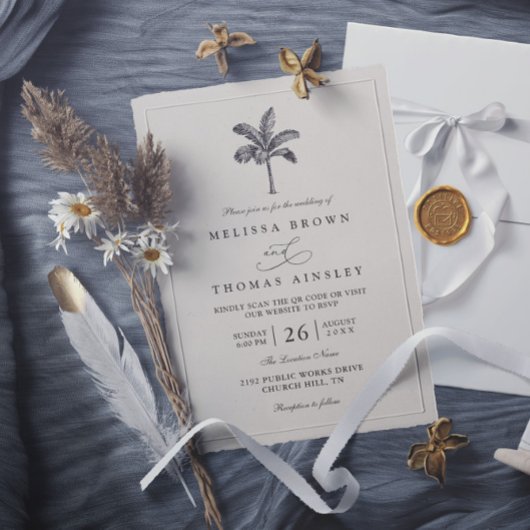 Palm Tree Minimalist Destination QR Code Wedding Kaart
