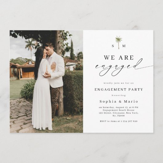 Palm Tree Monogram Beach Engagement Party Kaart (Voorkant)