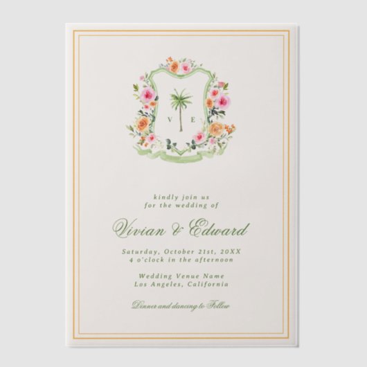 Palm Tree Monogram Crest Vellum Beach Wedding Uitnodigingen (Voorkant)