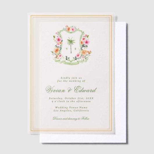 Palm Tree Monogram Crest Vellum Beach Wedding Uitnodigingen (Offset)