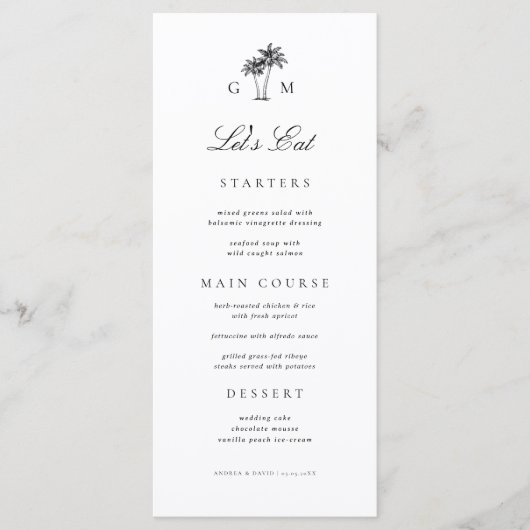 Palm Tree Monogram Let's Eat Destination Wedding Menu (Voorkant)
