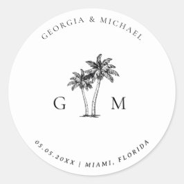Palm Tree Monogram Tropical Destination Wedding Ronde Sticker