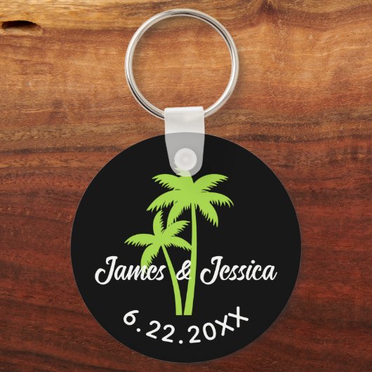 Palm Tree Naam en Datum Sjabloon Bruiloft Favor Sleutelhanger (Voorkant)