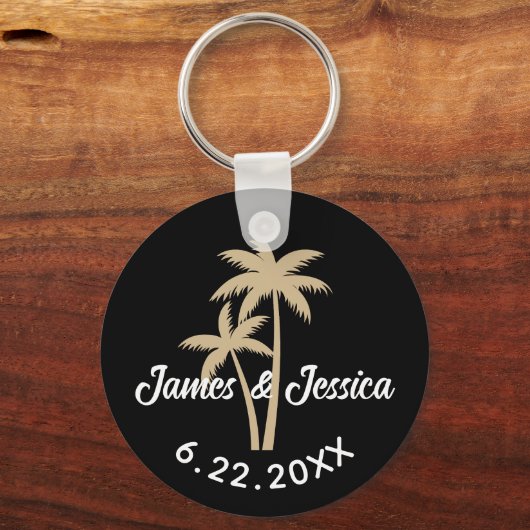 Palm Tree Naam en Datum Sjabloon Bruiloft Favor Sleutelhanger (Voorkant)