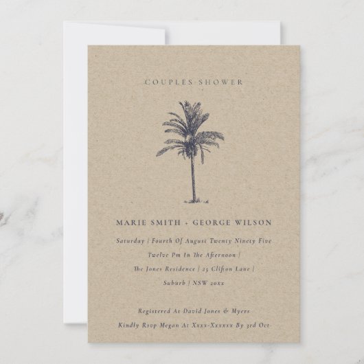 Palm Tree Navy Kraft Couples Shower Invite Bedankkaart (Voorkant)