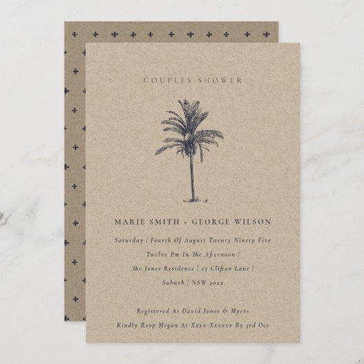 Palm Tree Navy Kraft Couples Shower Invite Bedankkaart (Voorkant / Achterkant)