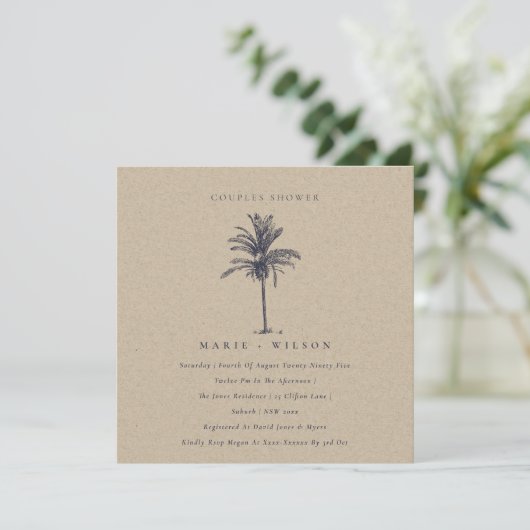 Palm Tree Navy Kraft Couples Shower Invite Bedankkaart (Staand voorkant)