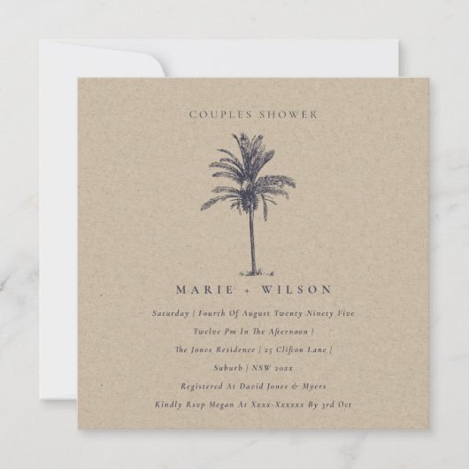 Palm Tree Navy Kraft Couples Shower Invite Bedankkaart (Voorkant)