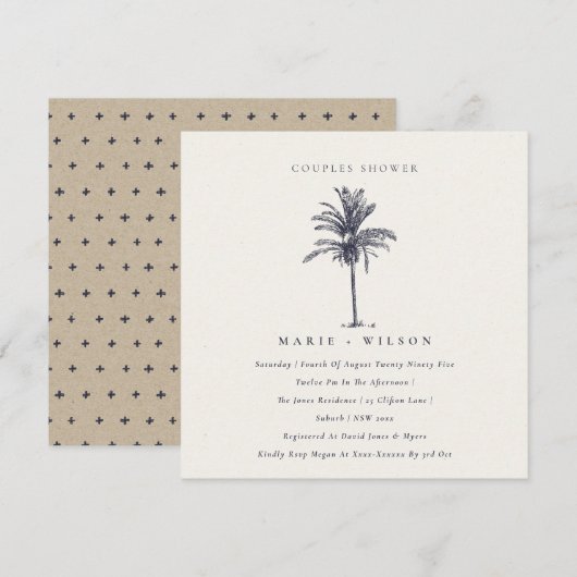 Palm Tree Navy Kraft Couples Shower Invite Bedankkaart (Voorkant / Achterkant)