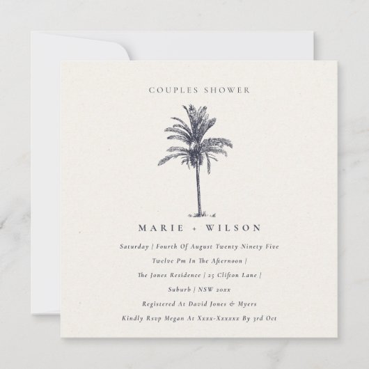 Palm Tree Navy Kraft Couples Shower Invite Bedankkaart (Voorkant)