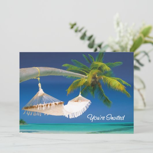Palm Tree, Ocean & Hammock Je bent uitgenodigd Kaart (Staand voorkant)