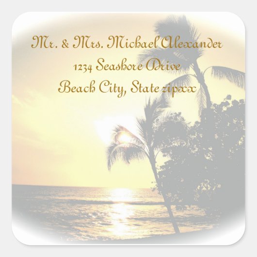 Palm Tree Ocean Sunset Retouradres Vierkante Sticker (Voorkant)