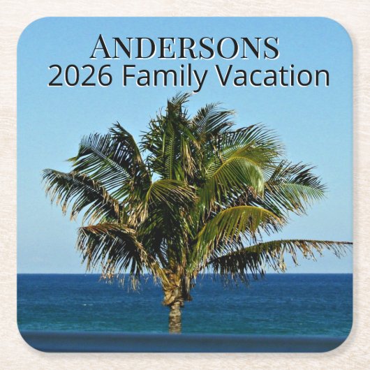 Palm Tree Ocean View | Family Name & Trip Year Kartonnen Onderzetters (Voorkant)