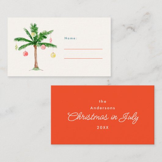 Palm Tree Ornamenten Kerstmis in juli Party Naam Plaatskaartje (Voorkant / Achterkant)
