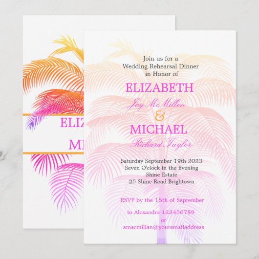 Palm Tree Pink Elegant Wedding Modern Rehearsal Kaart (Voorkant / Achterkant)