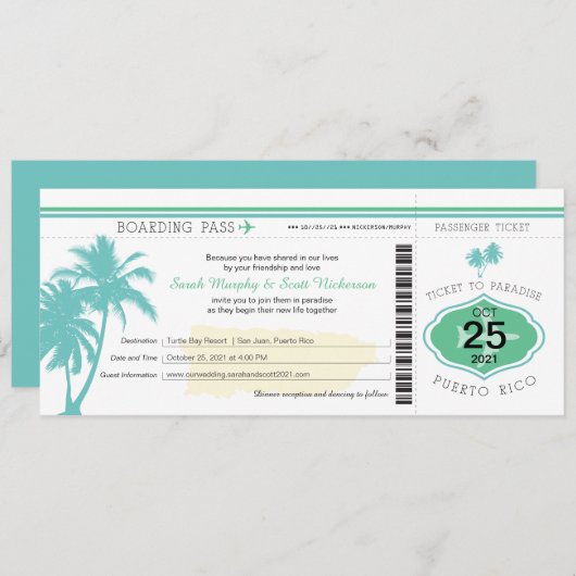 Palm Tree Puerto Rico Boarding Pass Wedding Kaart (Voorkant / Achterkant)