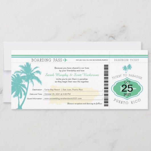 Palm Tree Puerto Rico Boarding Pass Wedding Kaart (Voorkant)