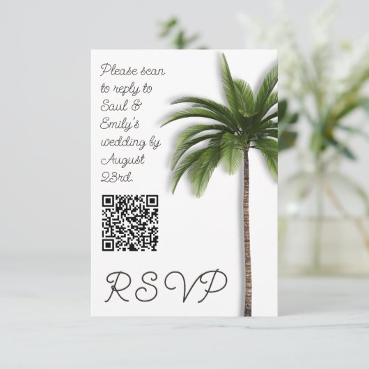 Palm Tree QR-code Evenement Bruiloft RSVP Kaartje (Staand voorkant)