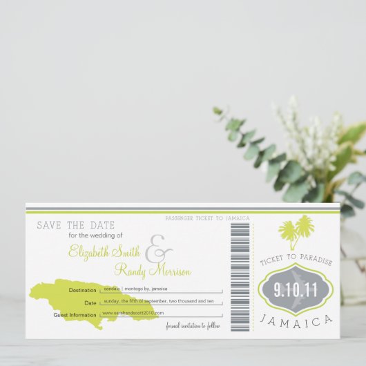 Palm Tree Save the Date Boarding Pass Jamaica (Staand voorkant)
