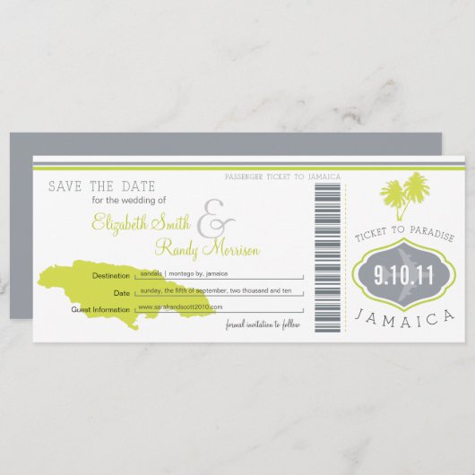 Palm Tree Save the Date Boarding Pass Jamaica (Voorkant / Achterkant)