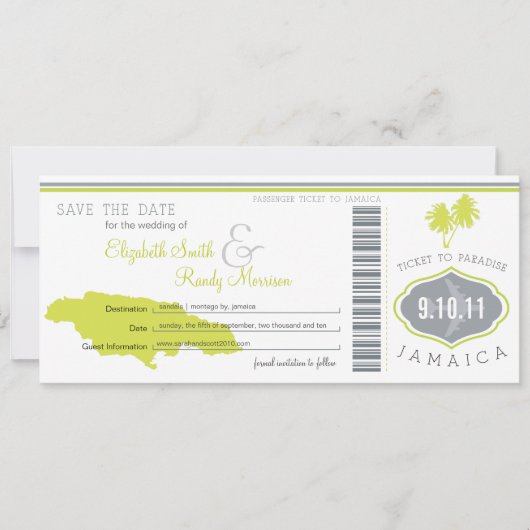 Palm Tree Save the Date Boarding Pass Jamaica (Voorkant)