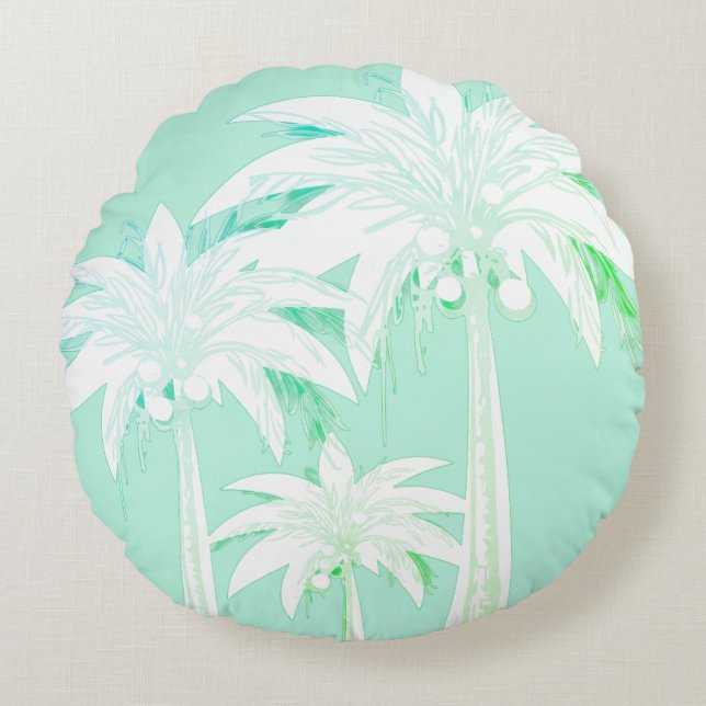 Palm Tree Seafoam Green White Tropical Beach House Rond Kussen (Voorkant)