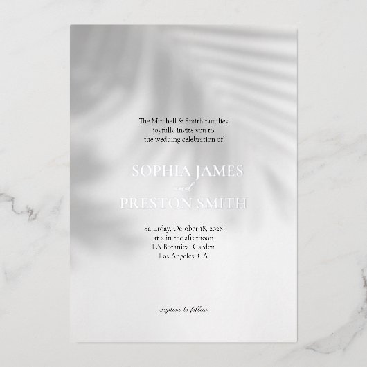 Palm Tree Shadow Modern Wedding nodigt met Folie u Uitnodiging (Voorkant)