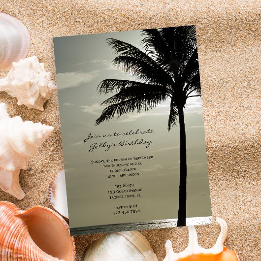 Palm Tree Silhouette Beach Birthday Party Kaart