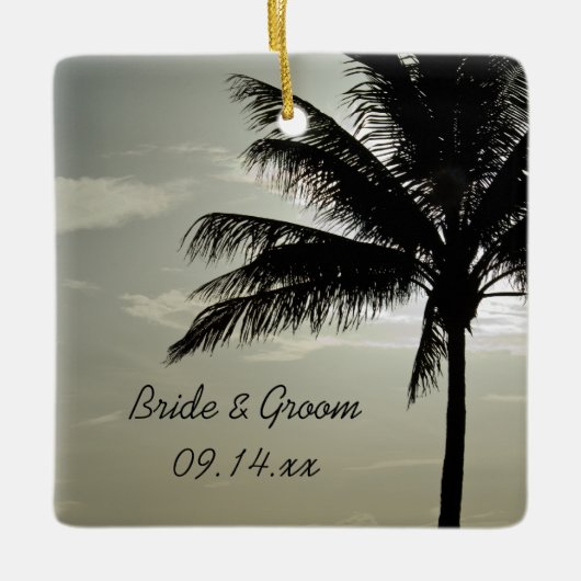 Palm Tree Silhouette Beach Weddenschap Square Keramisch Ornament (Voorkant)