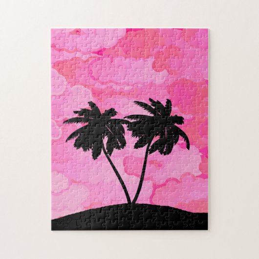 Palm Tree Silhouette, Dawn Pink met wolken Legpuzzel (Verticaal)