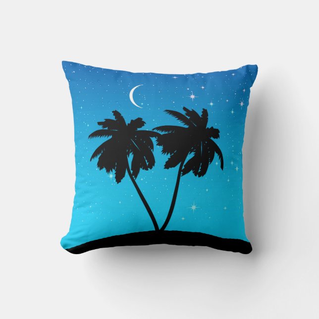 Palm Tree Silhouette, Evening Blue met sterren Kussen (Voorkant)