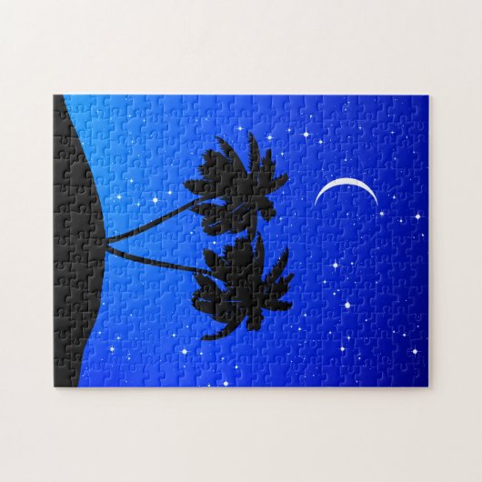 Palm Tree Silhouette, Evening Blue met sterren Legpuzzel (Horizontaal)