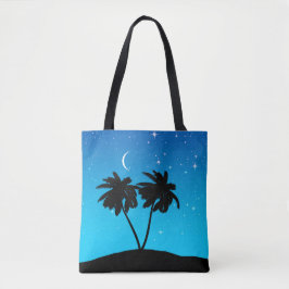 Palm Tree Silhouette, Evening Blue met sterren Tote Bag