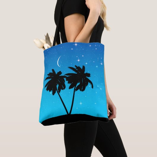 Palm Tree Silhouette, Evening Blue met sterren Tote Bag (Dichtbij)