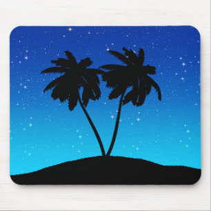 Palm Tree Silhouette op Evening Blue met sterren Muismat