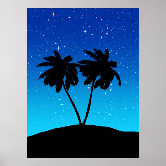 Palm Tree Silhouette op Evening Blue met sterren Poster (Voorkant)
