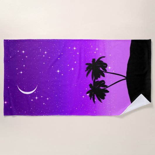 Palm Tree Silhouette op Twilight Paars Strandlaken (Voorkant)