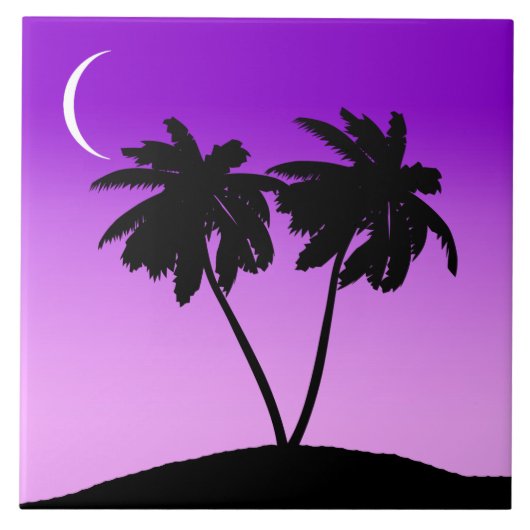 Palm Tree Silhouette op Twilight Paars Tegeltje (Voorkant)