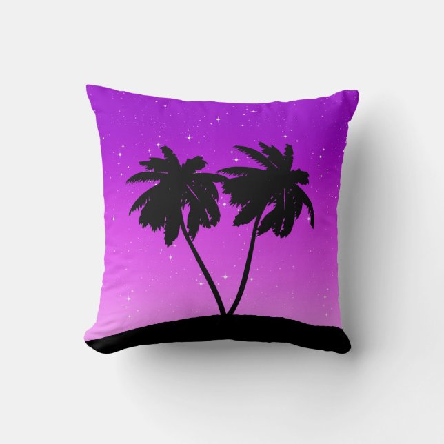 Palm Tree Silhouette, Paars met sterren Kussen (Voorkant)