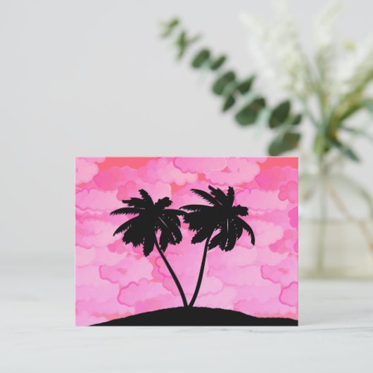 Palm Tree Silhouette tegen Dawn roze met wolken Briefkaart (Staand voorkant)