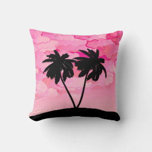 Palm Tree Silhouette tegen Dawn roze met wolken Kussen