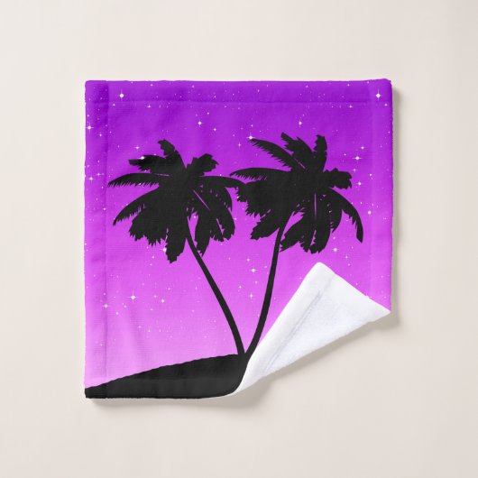 Palm Tree Silhouette tegen Paars schemerlicht Bad Handdoek (Wasdoekje)