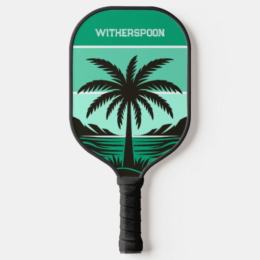 Palm Tree Silhouette Tropical Green Monogram Pickleball Paddle (Voorkant)