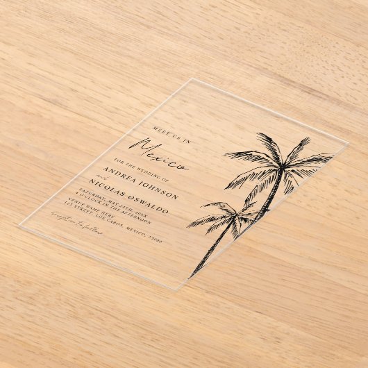 Palm Tree Sketch Reizen Strand Bestemming Trouwen Acryl Uitnodigingen (Laagn)